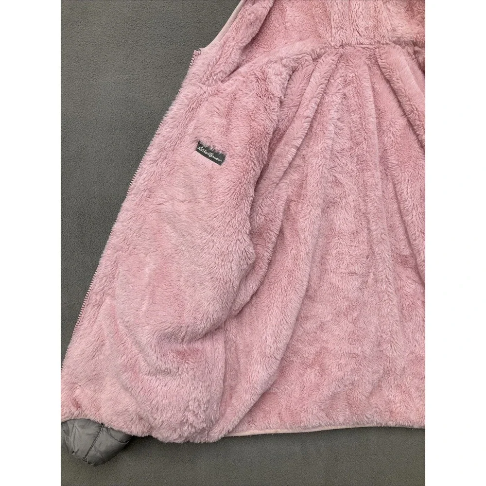 Eddie Bower Puffer Jacket Girls L 14/16 Grey Pink Zip Hooded Warm